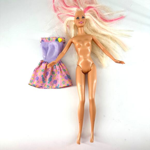 1999 Mattel Barbie Doll Blonde Pink Streaks Genuine Barbie Candy Print Dress - Picture 6 of 10